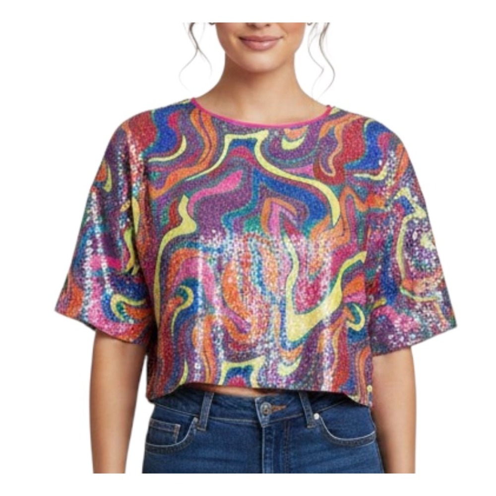 ALDEN ADAIR Colorful Wavy Stripes PSYCHEDELLIC Sequin Sparkle BOXY CROP TOP sz S
